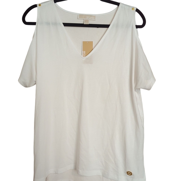 Michael Kors V-neck Cold Shoulder White T-shirt Size Large NWT** - Picture 1 of 7